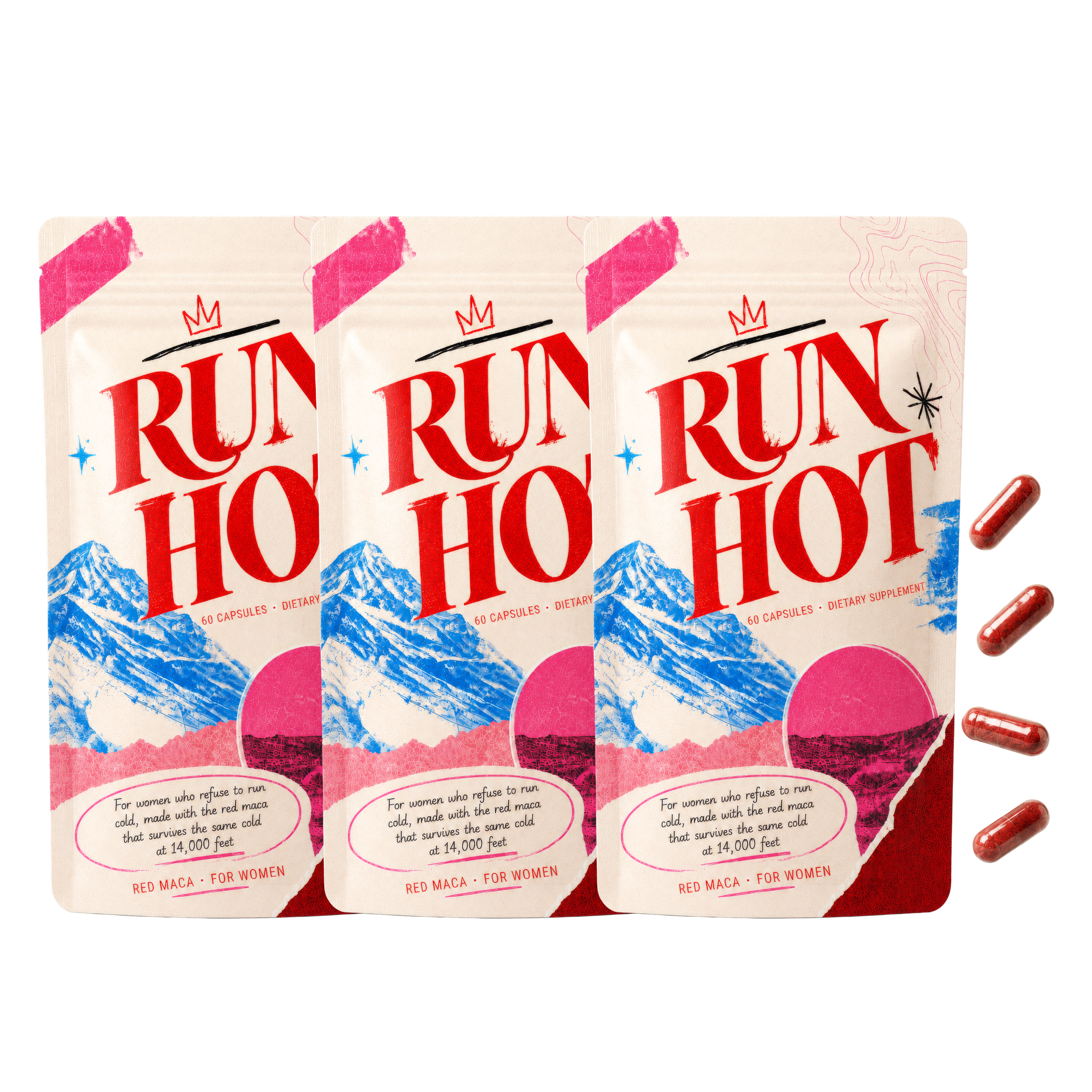 Run Hot 3-bag bundle, three red maca pouches for women with red maca capsules, 180 capsules