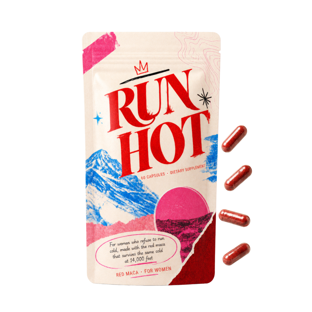 Run Hot red maca pouch for women, 60 capsules, shown with red maca capsules