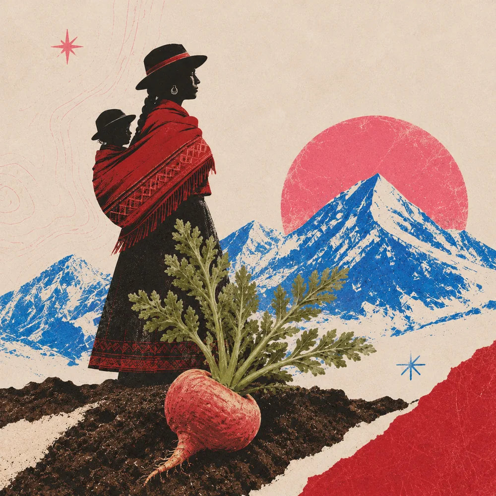 Illustration of an Andean woman carrying her child in a red woven shawl, red maca growing in the tilled soil, snow-capped Andes peaks and a rising sun behind her