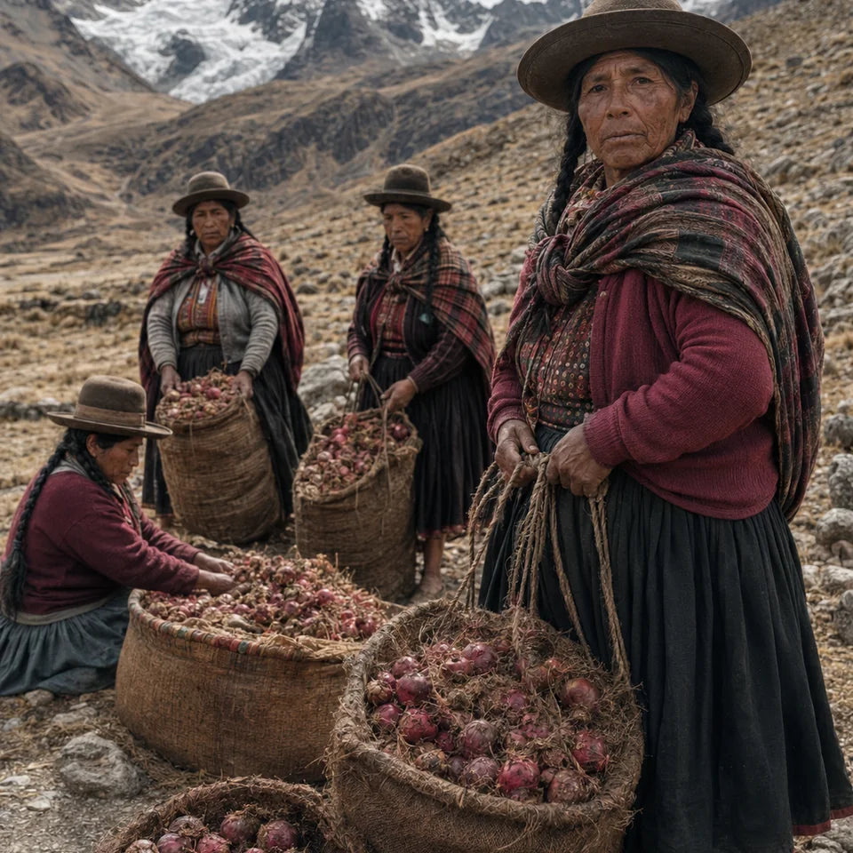 Quechua women harvesting red maca by hand in the high Peruvian Andes