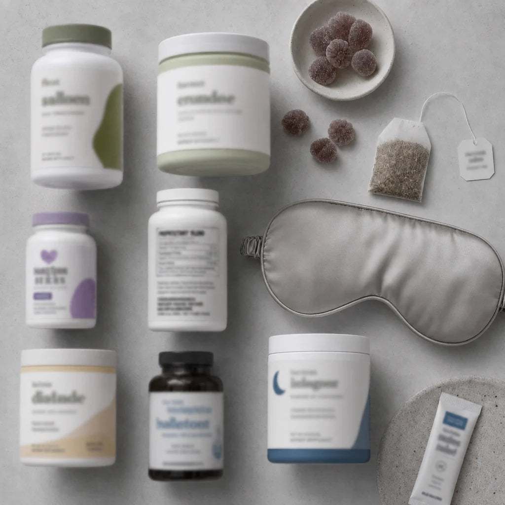 A flat-lay of pastel calm, sleep, grounded and wellness supplements, the soft sedation aisle built to help her do less