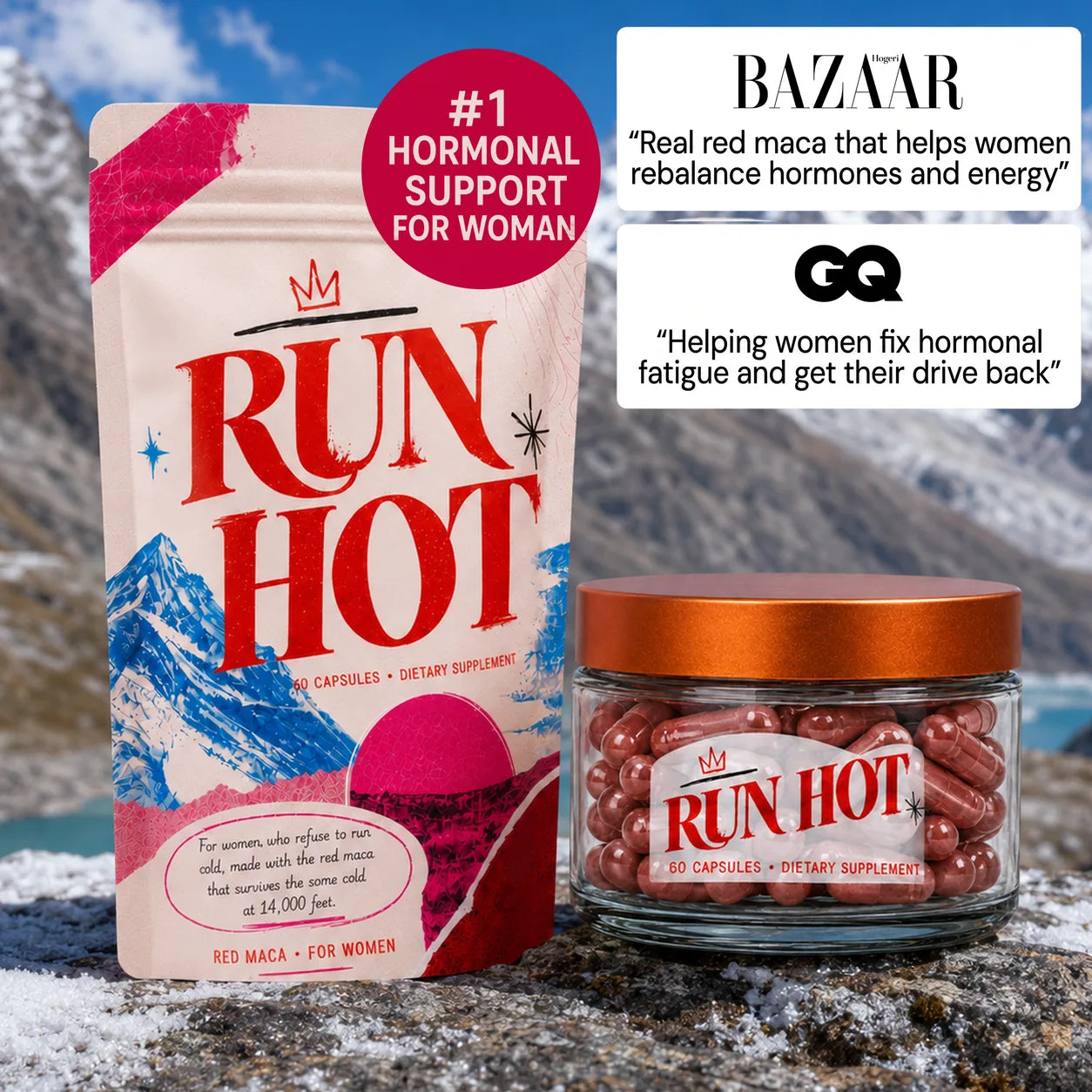 Run Hot red maca for women: stand-up pouch and an open jar of red vegan capsules on a rock with the snow-capped Andes behind