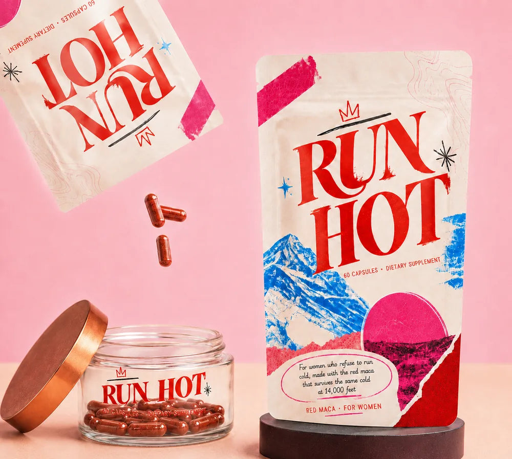Run Hot red maca pouches with an open jar of red capsules